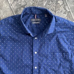 TOMMY HILFIGER Regular Fit Navy White Red Logo Pattern Preppy Cotton Shirt